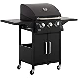 Outsunny Barbacoa de Gas con 3 Quemadores Termómetro Parrilla de Gas con 2 Mesas Laterales Armario de 2 Puertas 4 Ruedas y Frenos Acero al Carbono para BBQ 121x55x109 cm Negro
