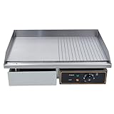 Plancha eléctrica para encimera, plancha eléctrica de acero inoxidable, parrilla para barbacoa antiadherente profesional Superficie Lisa y Ondulada 220 ~ 240 V 3000 W, 55 x 43 x 21 cm