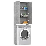 Hogotin Armario Alto de Lavadora 64 x 25,5 x 190 cm Estante con 2 Puertas Mueble de Baño Gris hormigón sobre Secadora Espacio para WC 3 Compartimentos Abiertos Columna Auxiliar Lavandería
