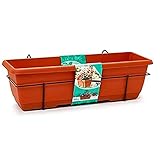 Jardinera para balcón con Plato y Soporte de metálico, 60 x 28 x 19.5 cm Macetero de plástico para Colgar, 12 L con Plato Integrado para Agua (60 cm Marrón)