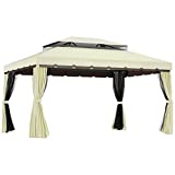 Outsunny Cenador de Jardín 4x3 m Gazebo de Aluminio con Techo de Ventilación 4 Cortinas Laterales 4 Mosquiteras y 8 Orificios de Drenaje para Fiestas Eventos Exterior Crema