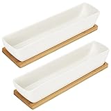 BELLE VOUS Macetas Decorativas Cerámica Blanca Rectangular con Bandeja de Bambú (Pack de 2) 24 x 5,5 x 4 cm - Maceteros Decorativos Interior/Exterior Tiestos para Plantas en Casa, Oficina, Escritorio