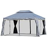 Outsunny Cenador de Jardín 4x3 m Gazebo de Aluminio con Techo de Ventilación 4 Cortinas Laterales 4 Mosquiteras y 8 Orificios de Drenaje para Fiestas Eventos Exterior Gris