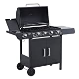 Outsunny Barbacoa de Gas con 5 Quemadores de Acero Inoxidable 14,4 KW Fogón y Parrilla con Tapa y Ruedas 125x51x100 cm Negro