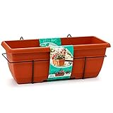 Jardinera para balcón con Plato y Soporte de metálico, 50 x 20 x 17,5 cm Macetero de plástico para Colgar, 10L con Plato Integrado para Agua (50 cm Marrón)