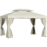Outsunny Cenador de Jardín 4x3m Gazebo Exterior de Aluminio con Doble Techo 4 Cortinas Laterales 4 Mosquiteras con Cremallera y 10 Orificios de Drenaje para Fiestas Eventos Crema