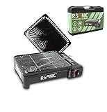 RSonic Barbacoa de gas butano portátil con parrilla y parrilla, incluye cafetera de transporte, parrilla de camping, parrilla de cartucho, portátil, color negro, ambientador Clearfee gratis