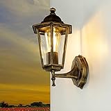 Lámpara de pared nostálgica para exterior PARÍS en Oro Antiguo IP44 E27 Lámpara de pared rústica Casa fuera del jardín