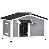PawHut Caseta para Perros de Madera 97x72x65 cm Casita para Mascotas con Techo AsfГЎltico Abatible 2 Ventanas Puerta con Cortina y Base ExtraГ­ble Gris