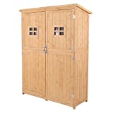 Outsunny Cobertizo de Madera Caseta de Jardín Exterior Armario Herramientas de Jardinería con Estantes Doble Puerta Ventanas y Techo Asfáltico 127,5x50x164 cm Natural