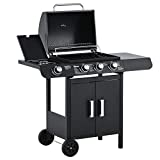 Outsunny Barbacoa de Gas BBQ con Ruedas Parrilla Gas con 3+1 Quemadores de 11,6 KW 2 Mesas Laterales y Termómetro Acero 110x50x100 cm Negro