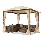 Cenador de jardín 3x3 m, Aspecto Madera, Techo de poliéster de Aprox. 220 g/m² 4 Cortinas en champán