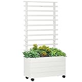 Outsunny Jardinera con Enrejado de Madera Maciza con 4 Ruedas Macetero de Jardín con Soporte para Trepadora y Tela Geotextil para Cultivos Plantas Flores 76x30x155 cm Blanco