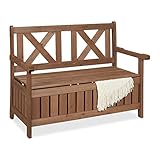 Relaxdays Banco Jardín con Baúl, 2 Plazas, Madera Abeto, 85 x 115 x 60 cm, Asiento Exterior con Respaldo, Marrón Oscuro, 100%