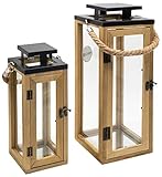 Dekovita Juego de 2 Faroles de jardín 30cm / 42cm - Linterna de Madera con asa de Cuerda - Lámpara Deco