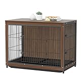 BingoPaw Jaula Perro Grande de Madera Mueble, Jaula para Perros Grandes Medianos 97.5x59x74cm Caseta Perro Interior con Diseño de Mesa Auxiliar ,2 Puertas ,Malla de Hierro, Bandeja Extraíble , L