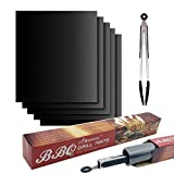 Beeway Estera de Barbacoa, 5 Piezas Antiadherente Reutilizable Alfombrilla de Barbacoa para Horno, Gas Carbón, Parrilla y BBQ - con Pinzas de Cocina Silicona 12