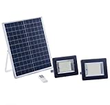 ELEDCO Focos LED Exterior Solares 100W, Luz Exterior Doble con Panel Solar, Batería, Mando a Distancia, Autonomía 8-15 Horas (2 Focos, 100W, Luz Neutra 4000K)