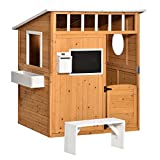 Outsunny Casa Infantil de Madera Casita de Juegos para Niños de +3 Años con Mesita Banco Buzón Pizarra Macetero Ventanas y Puerta para Exterior 122x108x135,5 cm Natural