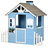 Outsunny Casita Infantil de Madera Casa de Juegos Exterior para Niños de 3-7 Años con Puerta Ventanas Macetas y Vallas Laterales 151x112,5x142 cm Azul
