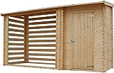 TIMBELA Caseta de jardín con leñera - Cobertizo de Jardín para Leña - A199x348x146 cm/ 2,54 m2+1,1 m2- Pequeño cobertizo para Herramientas, Almacenamiento de Bicicletas M205