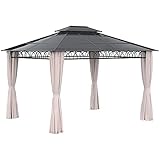 Outsunny Cenador de Jardín 3,6x3 m Gazebo de Exterior con Techo Doble de Policarbonato 4 Cortinas Mosquiteras Laterales con Cremallera y Marco de Aluminio para Patio Fiestas Terraza