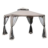 Outsunny Cenador de Jardín 3x3 m Pabellón de Exterior con Doble Techo de Ventilación 4 Cortinas Mosquiteras Laterales con Cremallera 4 Orificios de Drenaje para Fiestas Patio Marrón Pardo