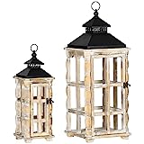 HOMCOM Juego de 2 Farolillos Decorativos 54/76 cm Linternas de Velas de Navidad de Metal y Madera Faroles Vintage Decoración Rústica para Salón Balcón Entrada Bodas Fiestas Natural