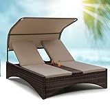 blumfeldt Tumbonas Jardin Exterior, Tumbona Doble de Ratán para Jardín con Techo Solar Impermeable, Cama Exterior Jardin, Tumbonas Piscina 2 Plazas, Sofá Ratán Exteriores, Hamacas Respaldo Ajustable