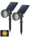 BLOOMWIN Focos LED Exterior Solares - 2 Pack Luz Solar Exterior Jardín Blanco Cálido Impermeable IP65, Lamparas de Césped Foco Proyector Suelo con Estaca Iluminación Jardineria Árboles Plantas Patio