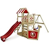 WICKEY Parque Infantil SeaFlyer con Columpio y Tobogán Rojo, Torre de Escalada para Niños al Aire Libre con Arenero, Escalera y Accesorios de Juego para el Jardín