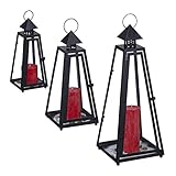 Relaxdays Set 3 Portavelas, Farol Decorativo para Interior y Exterior, 3 Tamaños, Metal, Cristal, Farolillo Vela, Negro