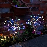 2 x Luz Solar Exterior Jardin Decoracion Fuegos Artificiales LED Luz Colorido de Cadena Solar con Centelleo y Encendido 2 Modos de Iluminación Impermeable para Jardín, Flores, Fiesta