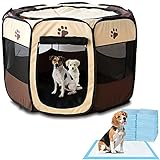 Parque para Perros Grandes, medianos o pequeños (Incluye Pack de 36 empapadores Perros). Jaula de Perro Octogonal Plegable Fabricada en Tela Oxford con toallitas para Perro. Caseta Perro (L)