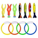 VIKSAUN 11 Pcs Juguetes Piscina Niños Juguetes de Buceo Submarino, 4 Bandidos Torpedo, 4 Anillo de Buceo, Algas Marinas*3, Juegos Piscina para Niños (11 pcs)