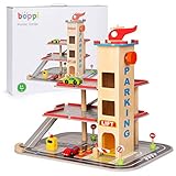 boppi Garaje y Aparcamiento de Madera de Juguete de 39 cm de Alto para niños de 12 Piezas, con Ascensor Funcional a Las 3 Plantas, gasolinera, señales de tráfico, 2 Coches de Juguete y un helicóptero