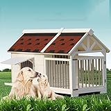 DHYBDZ Casa para Mascotas de Madera Extra Grande con Jaula, casa para Perros elevada con terraza Porche, Refugio Elevado para Mascotas al Aire Libre Estilo cabaña de Madera