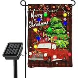 Bandera LED de jardín de Navidad, bandera vertical roja iluminada con panel solar, bandera de tela Oxford de doble cara para decoración de invierno, patio, jardín, césped (12 x 18 pulgadas)