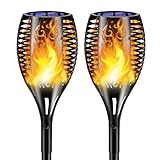 Luz de Llama Solar de Exterior, 2 Piezas Antorcha Luces Solares Lampara Solar Impermeables IP65 para Jardín Parque Patio Césped y Camino, Encendido/Apagado Automático