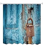 A.Monamour Azul Madera Rústico Cerradura Apenado País Garaje Puerta Art Print Tela De Poliéster Tejido Cortinas De Ducha De Tela Poliester Antimoho Conjunto Ninguna Barra Incluida 150x180 cm