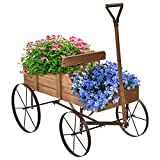 GOPLUS Carretilla de Madera para Jardin, Maceta en Forma de Monociclo Decorativo de Carro con Macetas, Monociclo Decorativo de Madera con 2 Compartimentos para Macetas (Nogal)