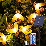 Luces de Cadena Solares - 44ft 60LED Luces de Abejas Solares Exteriores de Jardín con Control Remoto 8 Modos Impermeable Luces de Abeja Decorativas para Patio Césped Fiesta Navidad (Blanco Cálido)