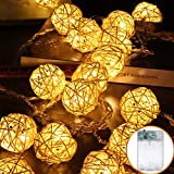 Uoging Cadena de luces LED con bolas de ratán, linternas, decoración para jardín, Navidad, fiesta, boda, interior y exterior, funciona con pilas, 5 m, 40 bombillas (blanco cálido)